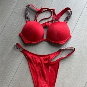 Victoria Secret 2020 Fashion Show Red Bikini Set with Embellished Straps